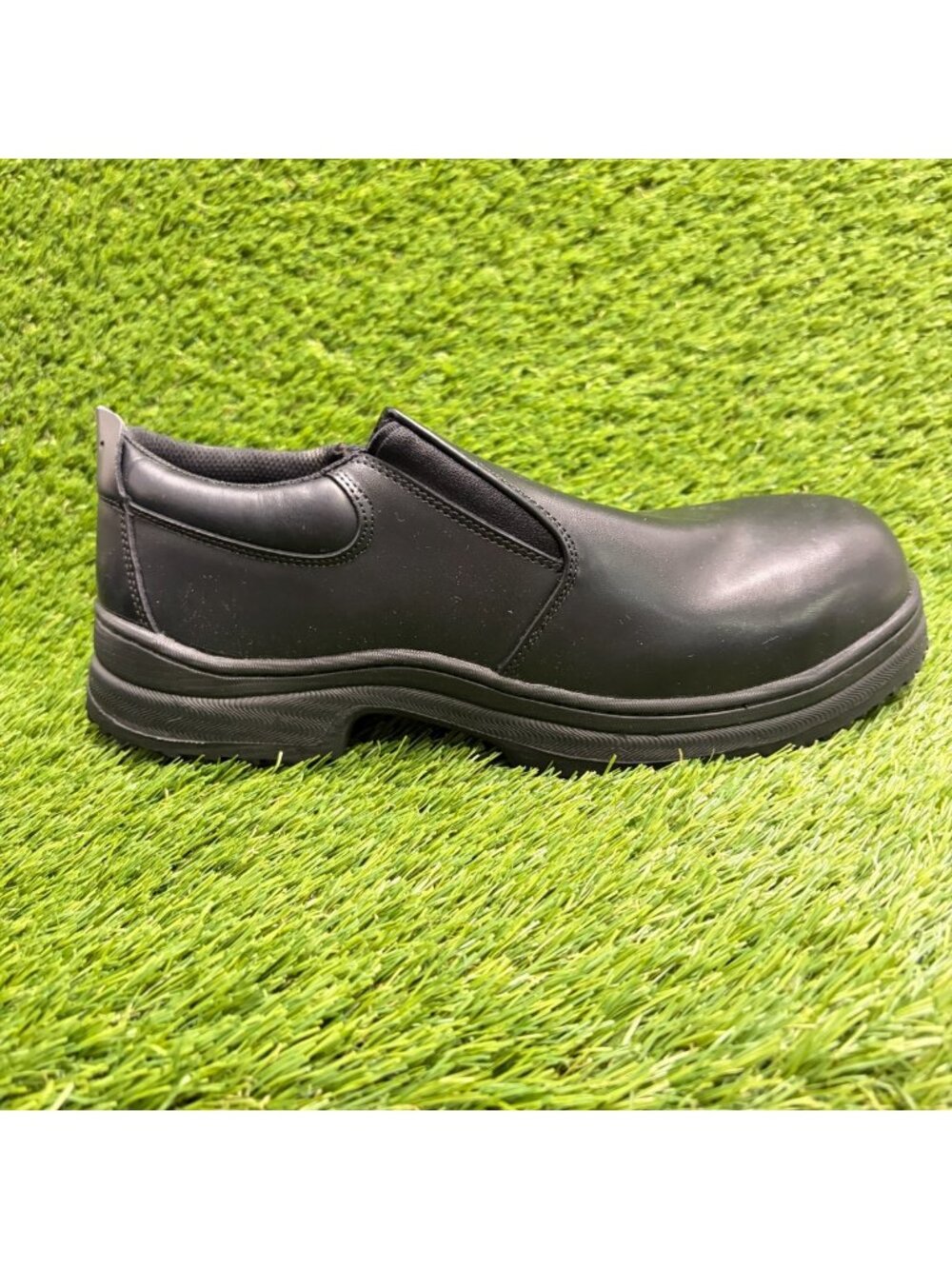 SlipGrips Mens Size 10 Black Leather Slip-Resistant Slip-On Steel Toe Work Shoes